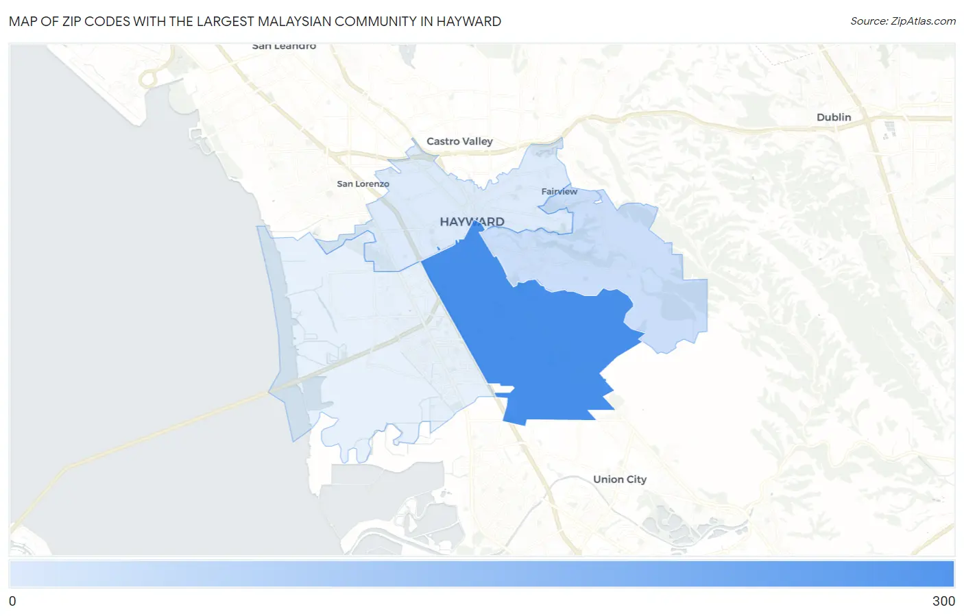 Zip Codes with the Largest Malaysian Community in Hayward Map