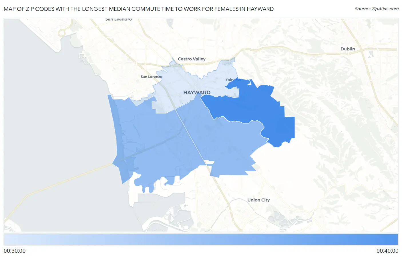 Zip Codes with the Longest Median Commute Time to Work for Females in Hayward Map