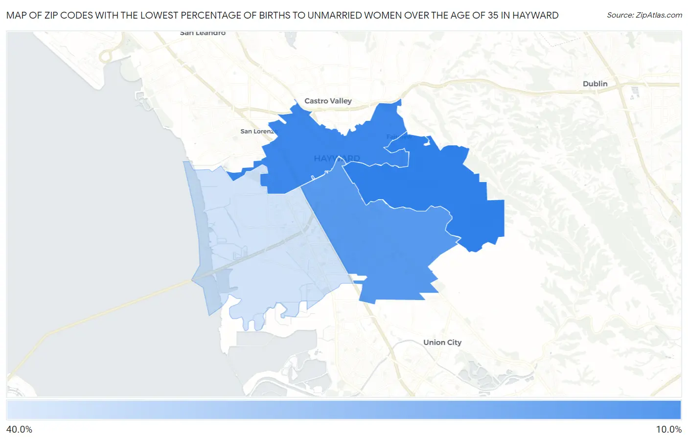 Zip Codes with the Lowest Percentage of Births to Unmarried Women over the Age of 35 in Hayward Map