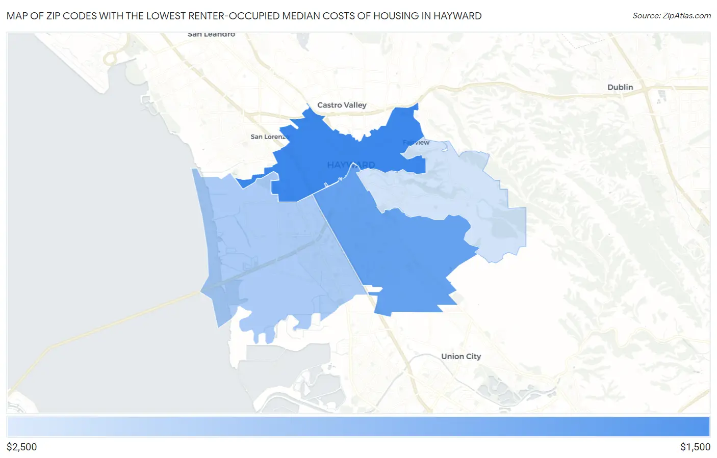 Zip Codes with the Lowest Renter-Occupied Median Costs of Housing in Hayward Map