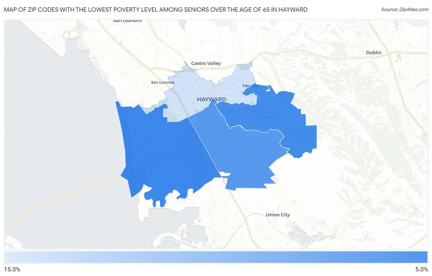 Zip Codes with the Lowest Poverty Level Among Seniors Over the Age of 65 in Hayward Map