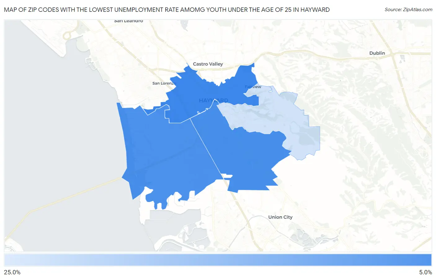 Zip Codes with the Lowest Unemployment Rate Amomg Youth Under the Age of 25 in Hayward Map