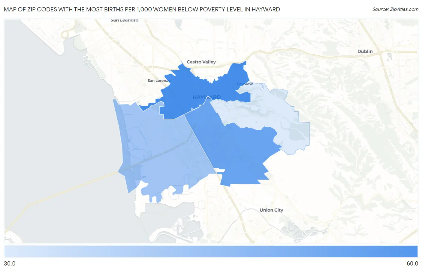 Zip Codes with the Most Births per 1,000 Women Below Poverty Level in Hayward Map