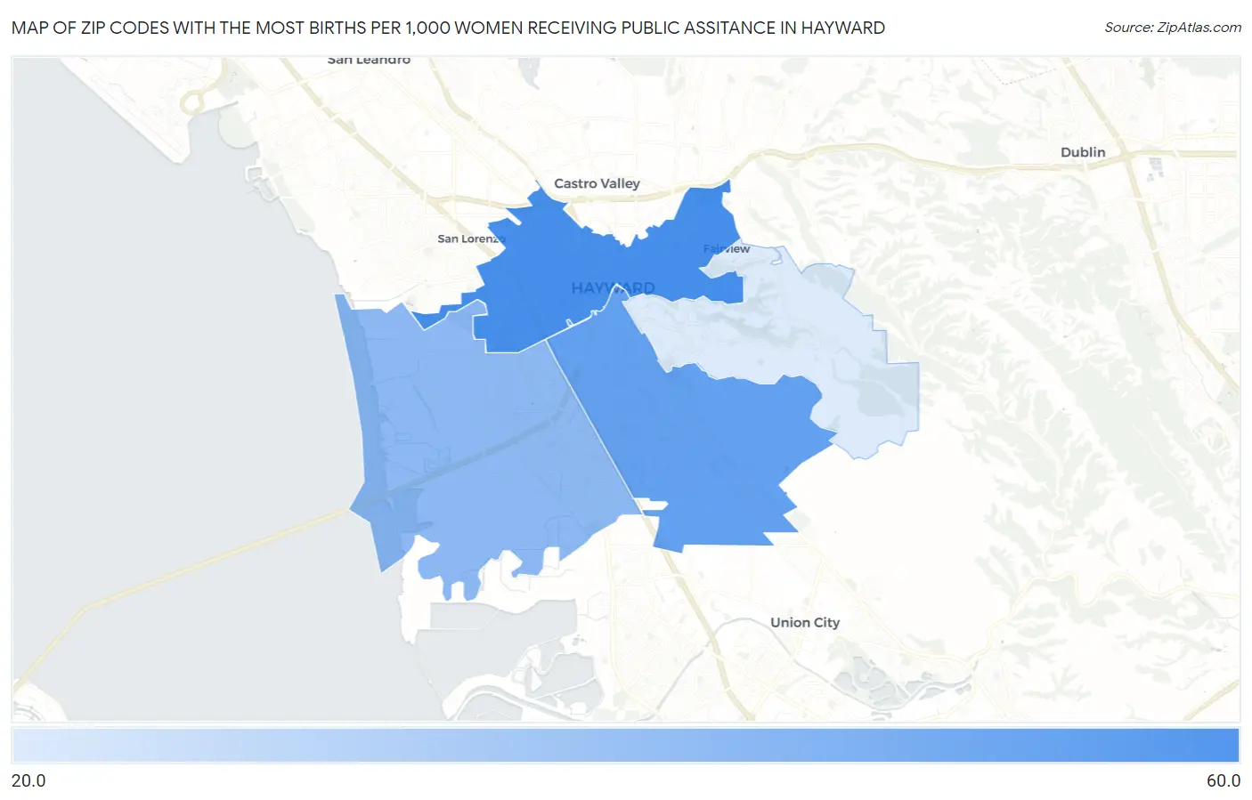 Zip Codes with the Most Births per 1,000 Women Receiving Public Assitance in Hayward Map