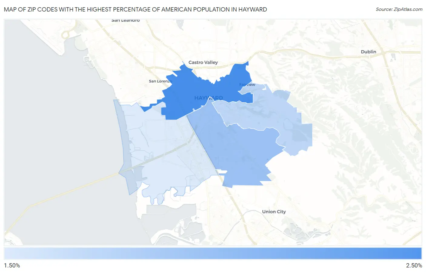 Zip Codes with the Highest Percentage of American Population in Hayward Map