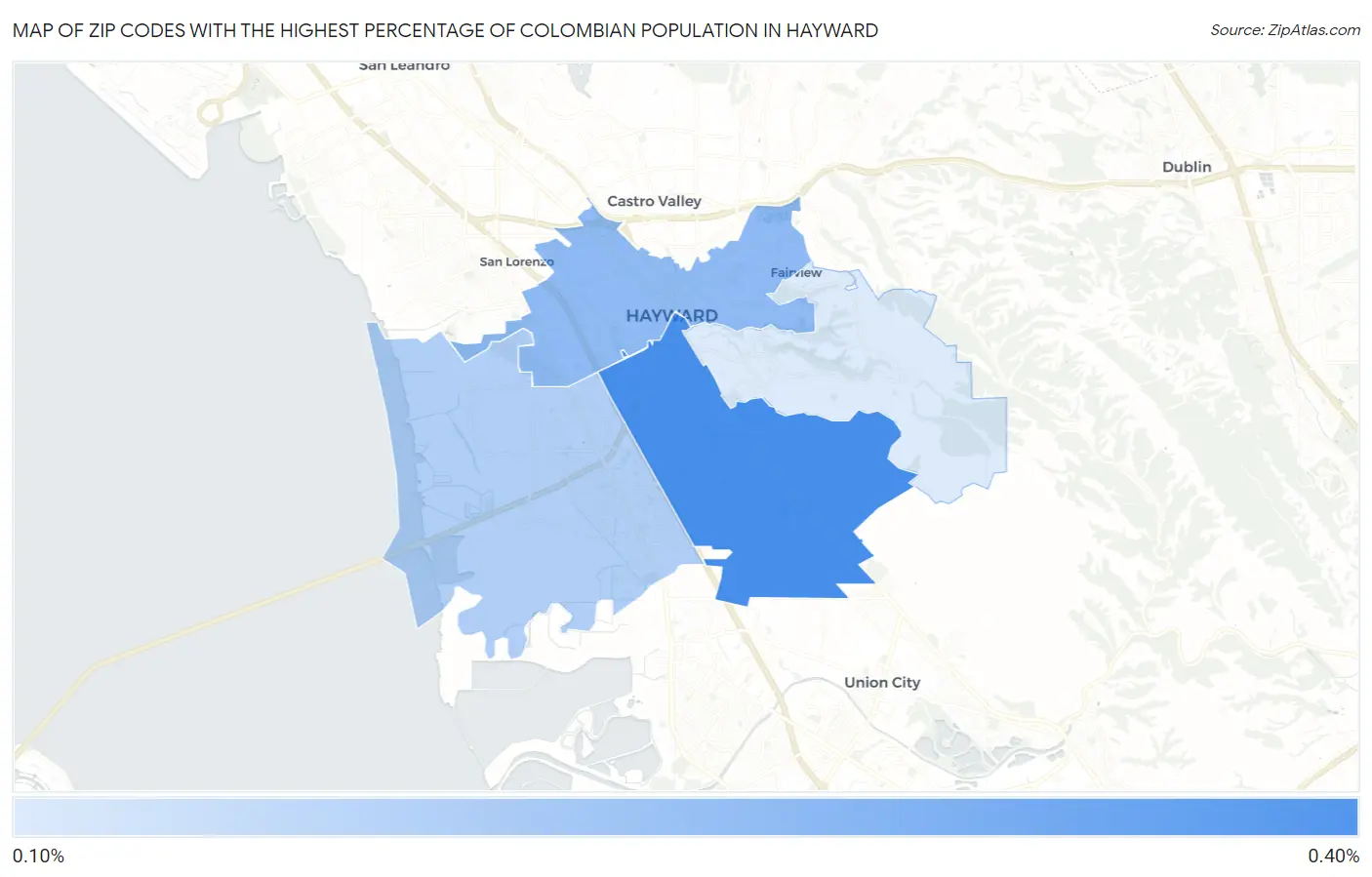 Zip Codes with the Highest Percentage of Colombian Population in Hayward Map