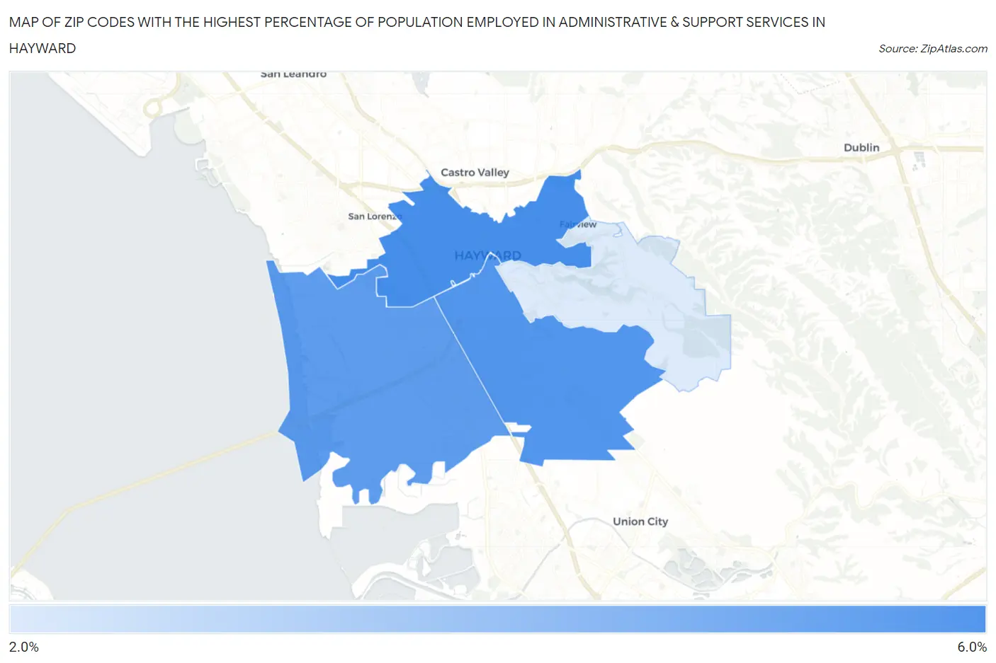 Zip Codes with the Highest Percentage of Population Employed in Administrative & Support Services in Hayward Map