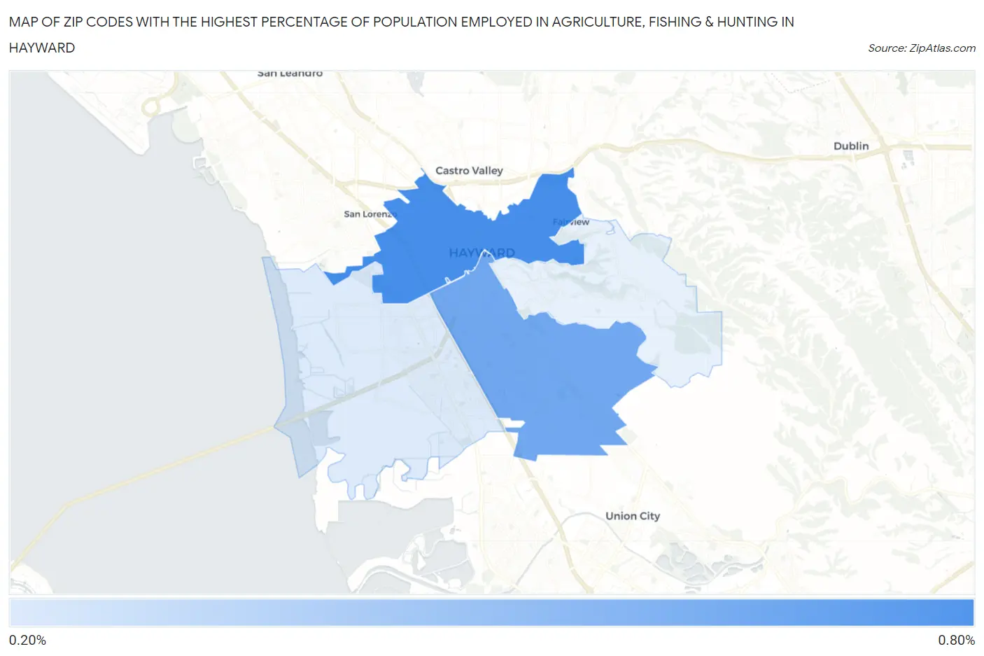 Zip Codes with the Highest Percentage of Population Employed in Agriculture, Fishing & Hunting in Hayward Map