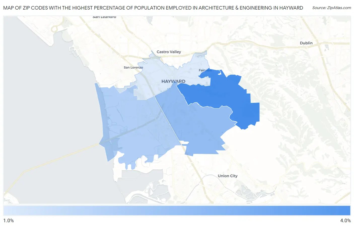 Zip Codes with the Highest Percentage of Population Employed in Architecture & Engineering in Hayward Map