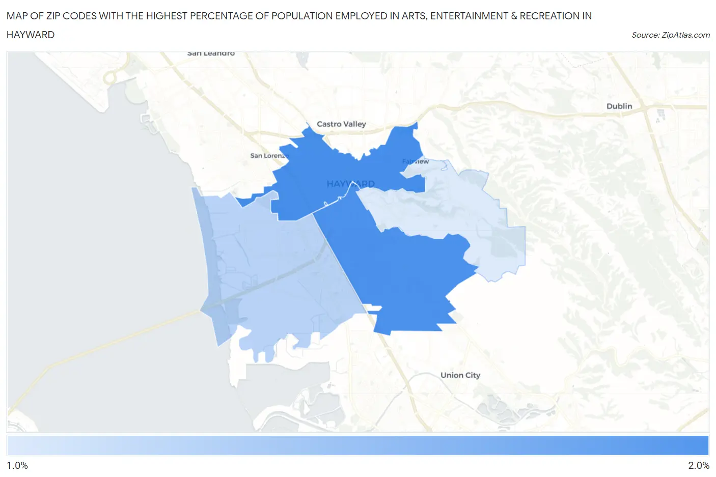 Zip Codes with the Highest Percentage of Population Employed in Arts, Entertainment & Recreation in Hayward Map