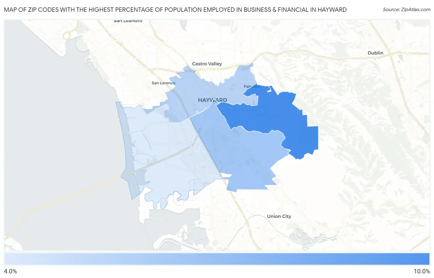 Zip Codes with the Highest Percentage of Population Employed in Business & Financial in Hayward Map