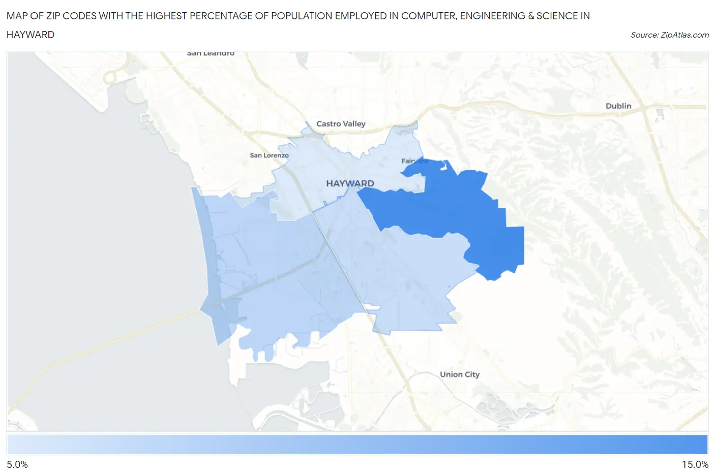 Zip Codes with the Highest Percentage of Population Employed in Computer, Engineering & Science in Hayward Map