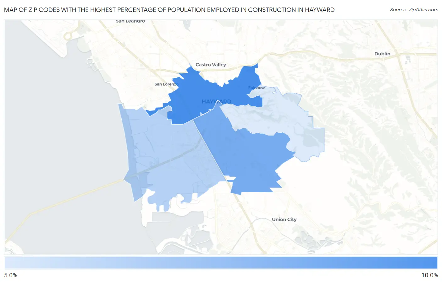 Zip Codes with the Highest Percentage of Population Employed in Construction in Hayward Map