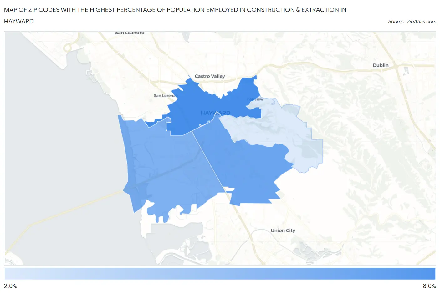 Zip Codes with the Highest Percentage of Population Employed in Construction & Extraction in Hayward Map