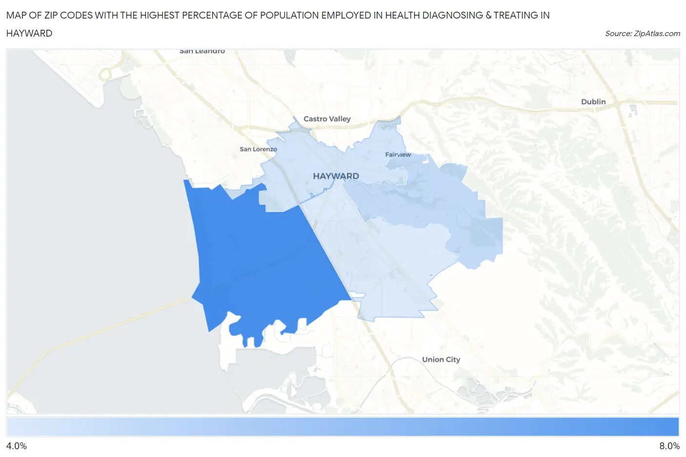 Zip Codes with the Highest Percentage of Population Employed in Health Diagnosing & Treating in Hayward Map