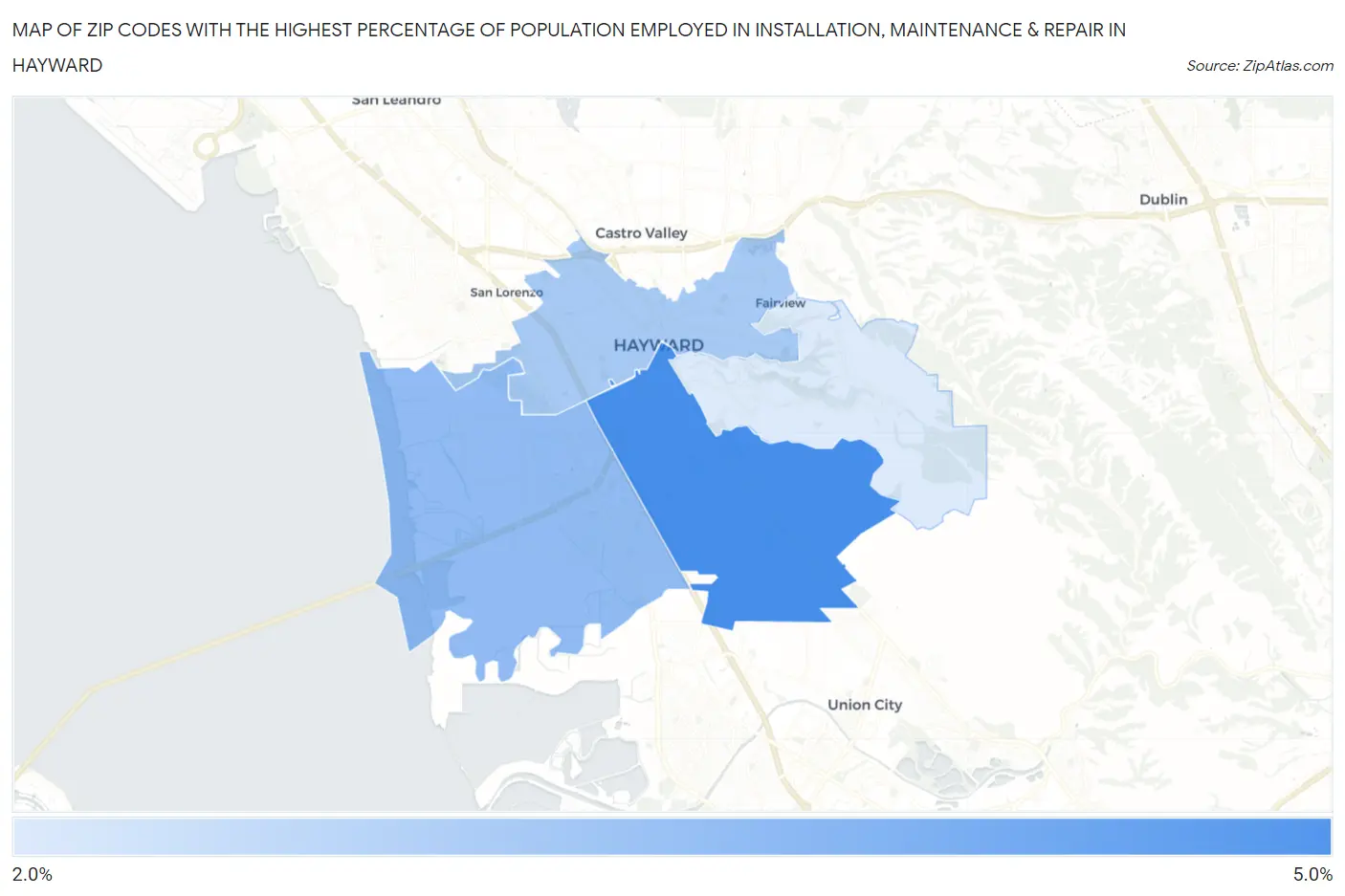 Zip Codes with the Highest Percentage of Population Employed in Installation, Maintenance & Repair in Hayward Map
