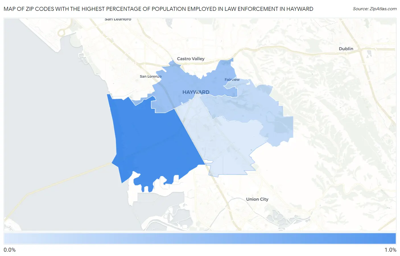 Zip Codes with the Highest Percentage of Population Employed in Law Enforcement in Hayward Map