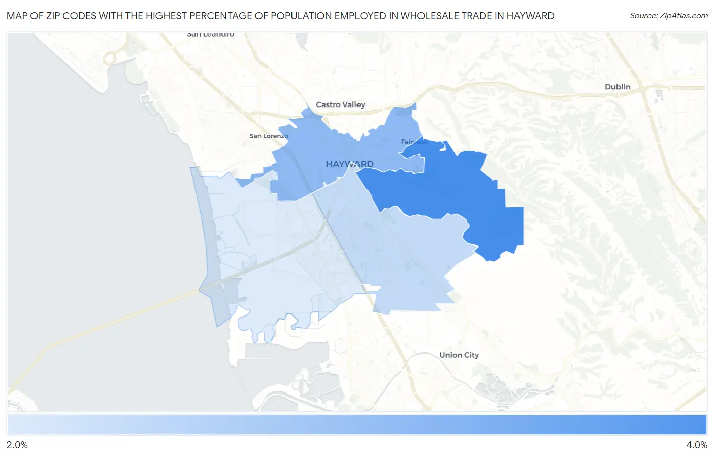 Zip Codes with the Highest Percentage of Population Employed in Wholesale Trade in Hayward Map
