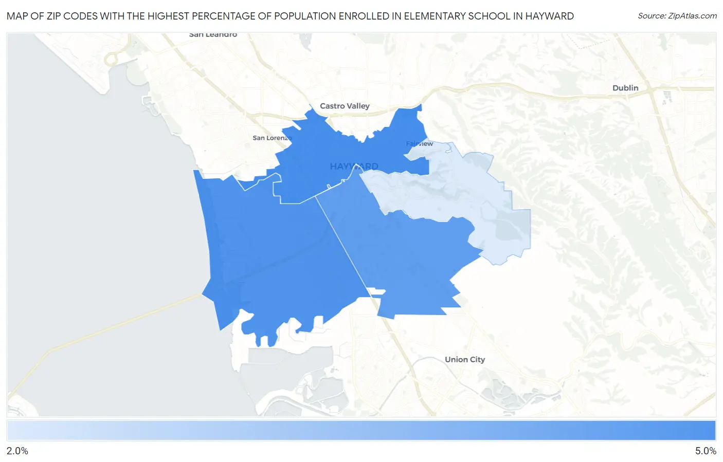 Zip Codes with the Highest Percentage of Population Enrolled in Elementary School in Hayward Map