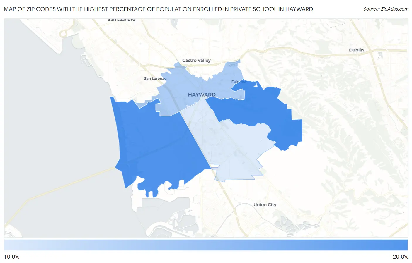 Zip Codes with the Highest Percentage of Population Enrolled in Private School in Hayward Map