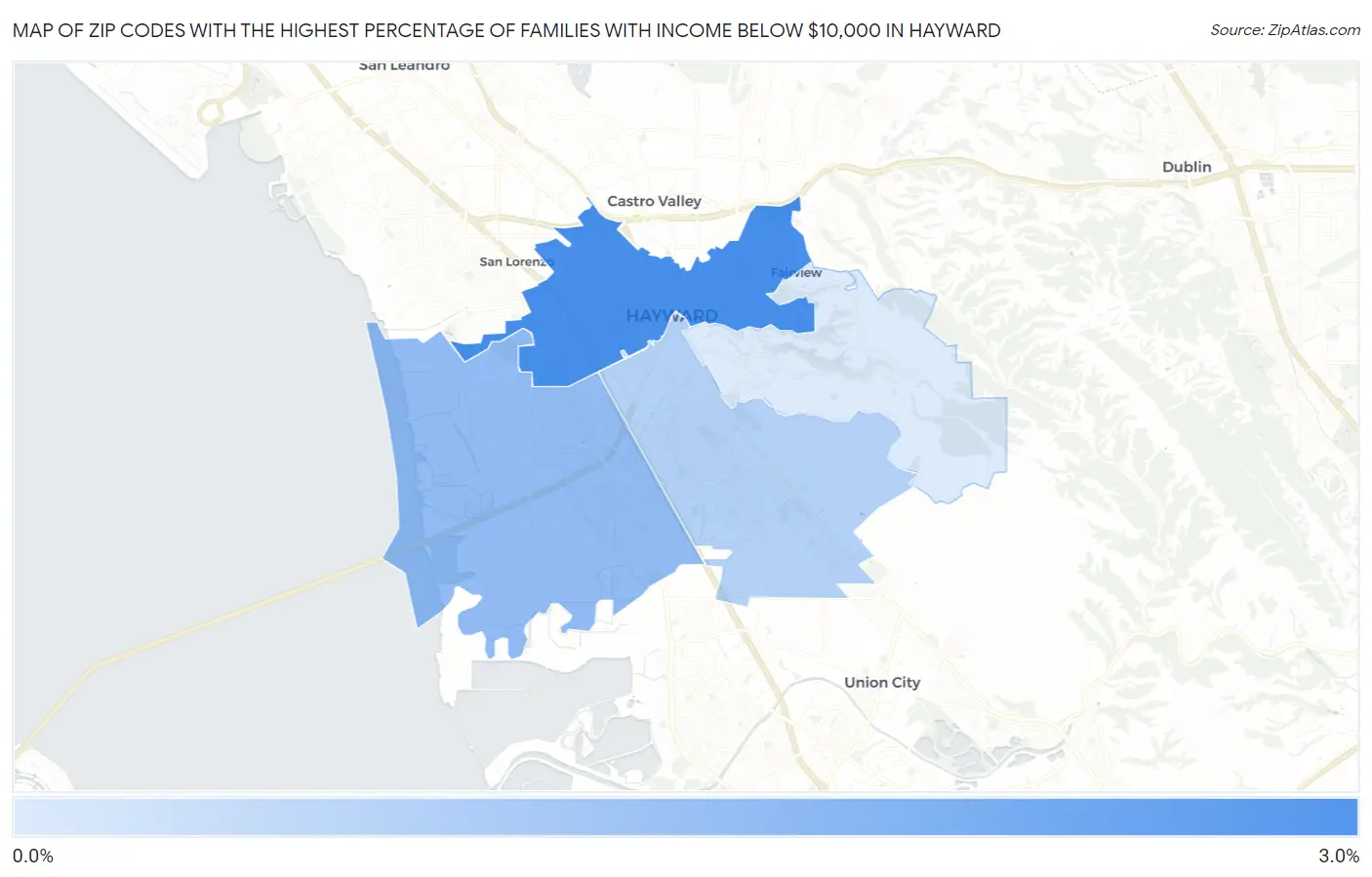 Zip Codes with the Highest Percentage of Families with Income Below $10,000 in Hayward Map