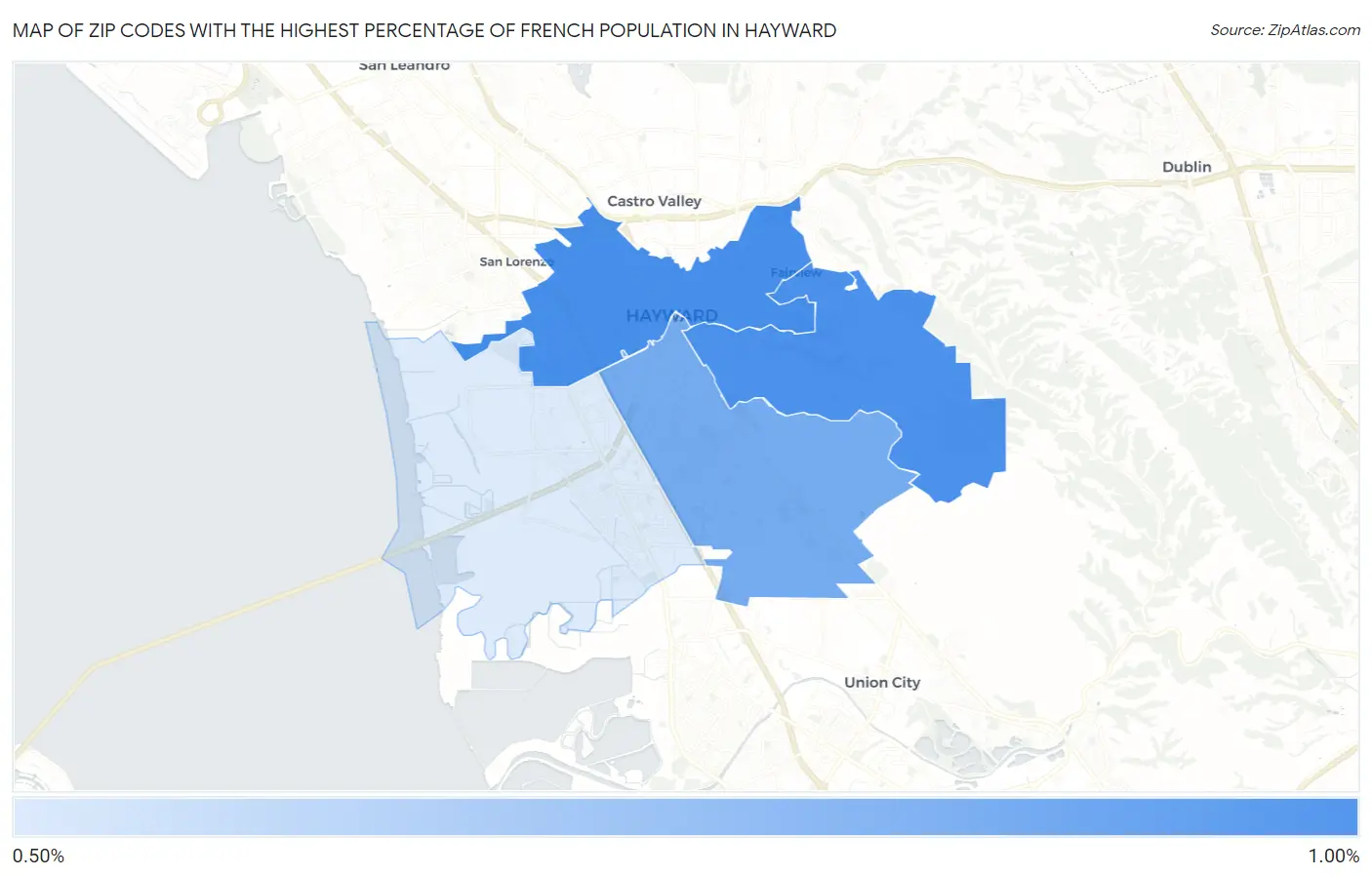 Zip Codes with the Highest Percentage of French Population in Hayward Map