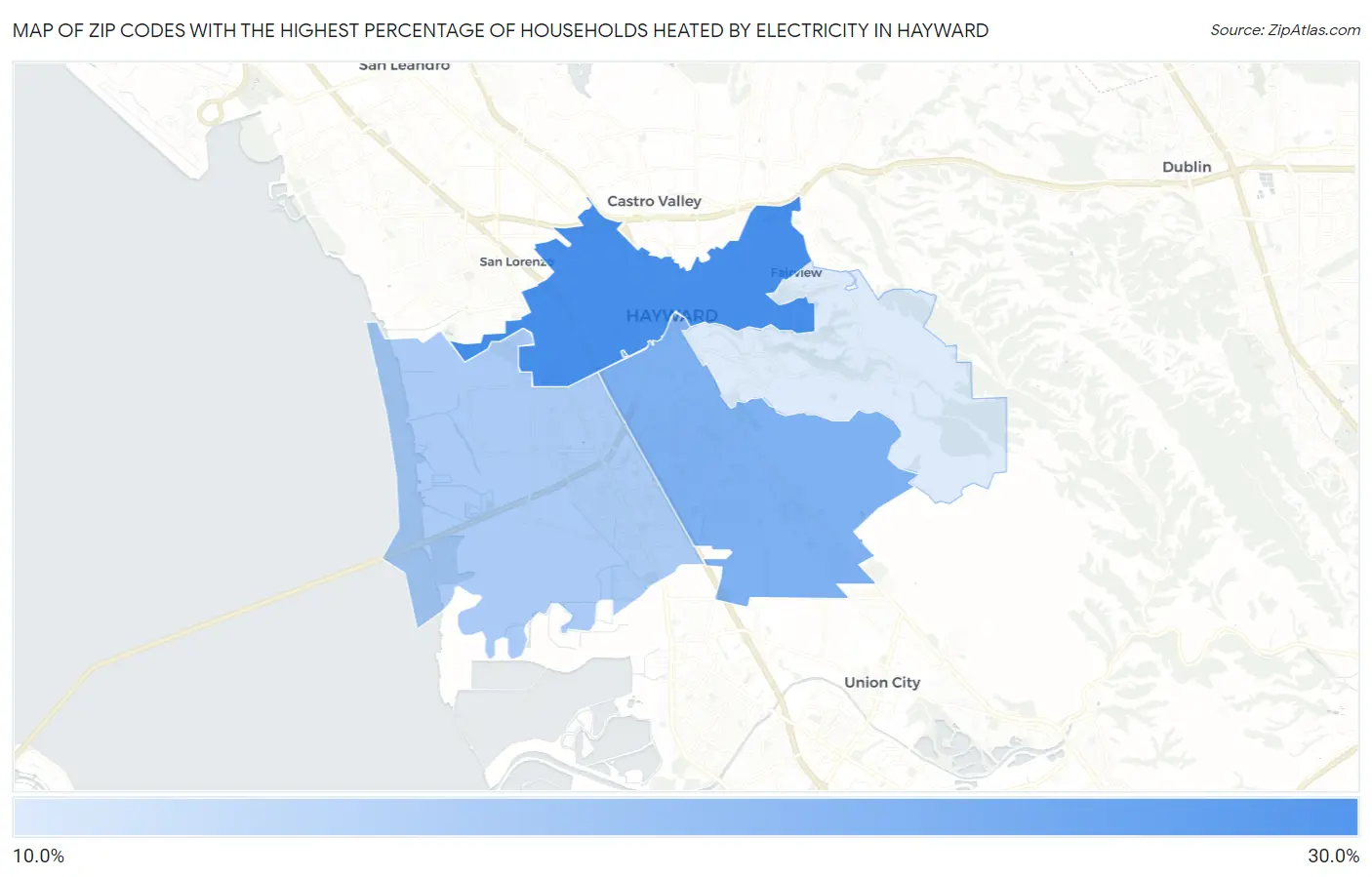 Zip Codes with the Highest Percentage of Households Heated by Electricity in Hayward Map