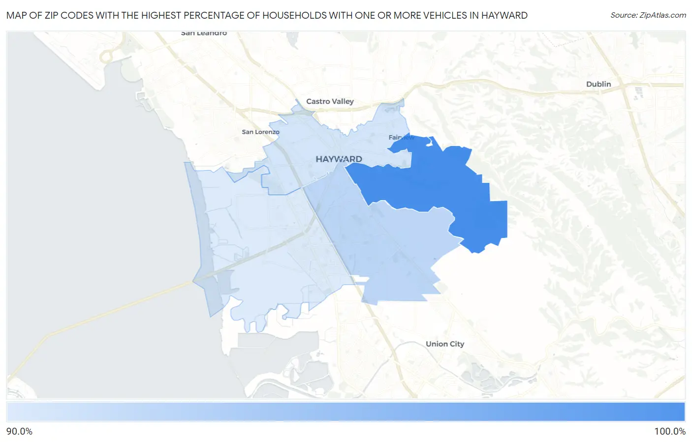 Zip Codes with the Highest Percentage of Households With One or more Vehicles in Hayward Map