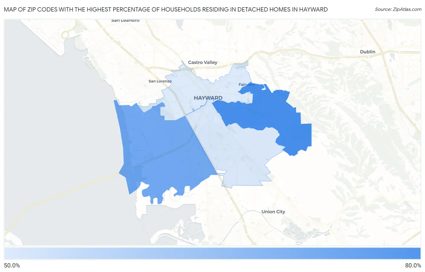Zip Codes with the Highest Percentage of Households Residing in Detached Homes in Hayward Map