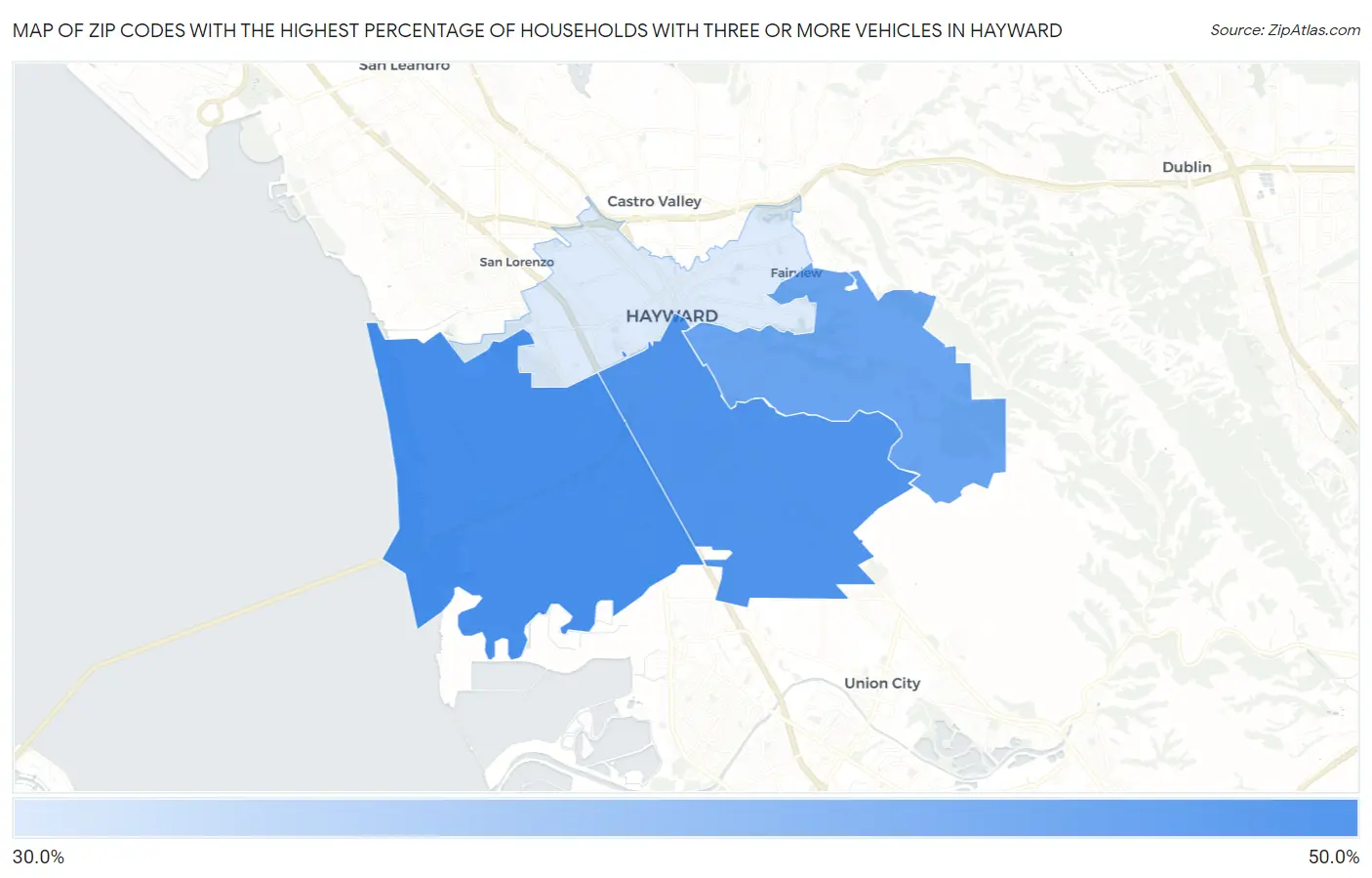 Zip Codes with the Highest Percentage of Households With Three or more Vehicles in Hayward Map
