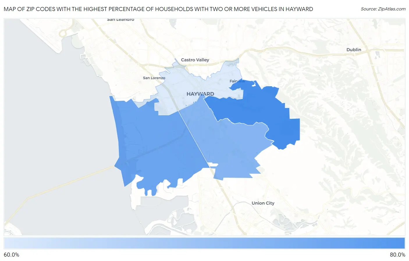 Zip Codes with the Highest Percentage of Households With Two or more Vehicles in Hayward Map
