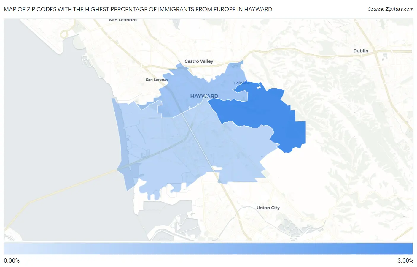 Zip Codes with the Highest Percentage of Immigrants from Europe in Hayward Map