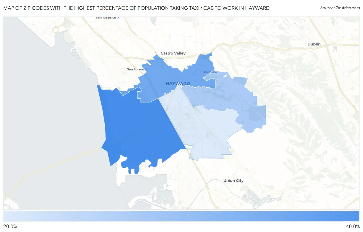 Zip Codes with the Highest Percentage of Population Taking Taxi / Cab to Work in Hayward Map