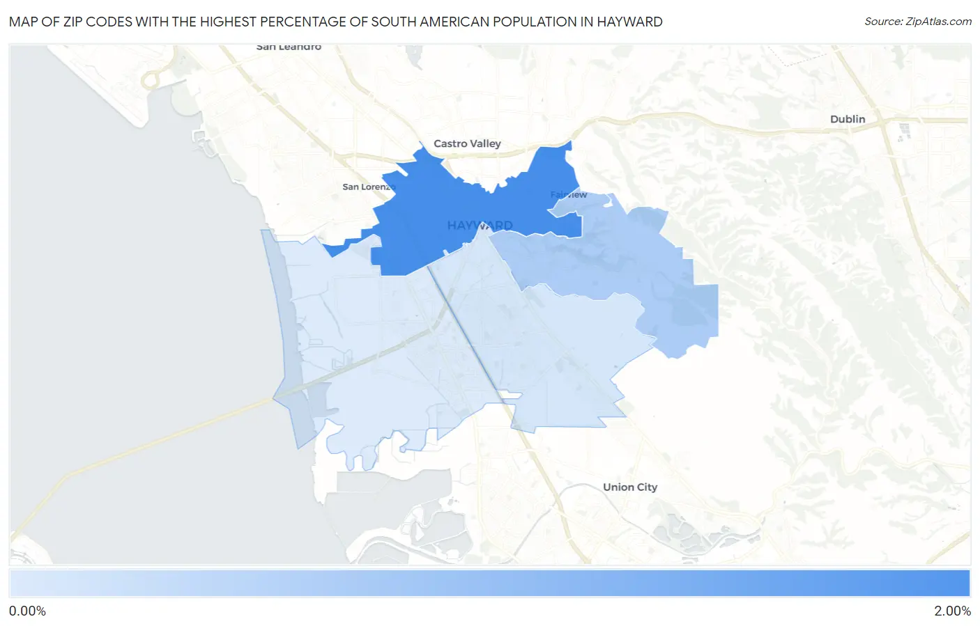 Zip Codes with the Highest Percentage of South American Population in Hayward Map