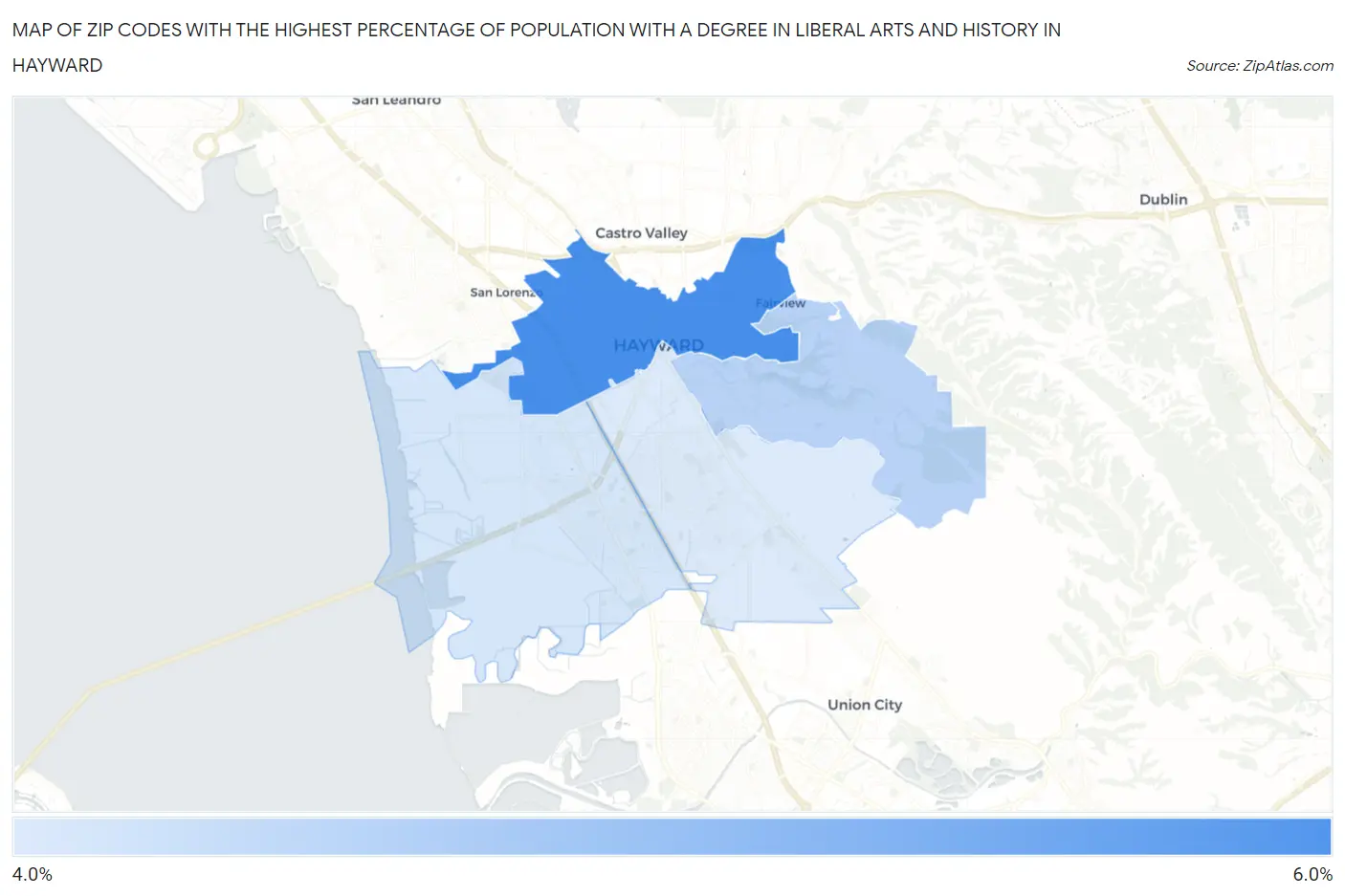 Zip Codes with the Highest Percentage of Population with a Degree in Liberal Arts and History in Hayward Map