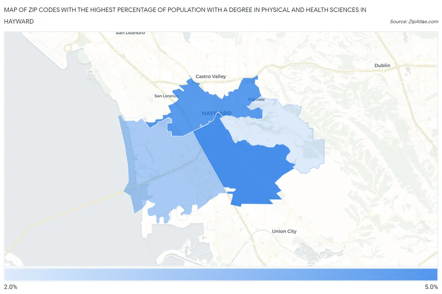 Zip Codes with the Highest Percentage of Population with a Degree in Physical and Health Sciences in Hayward Map