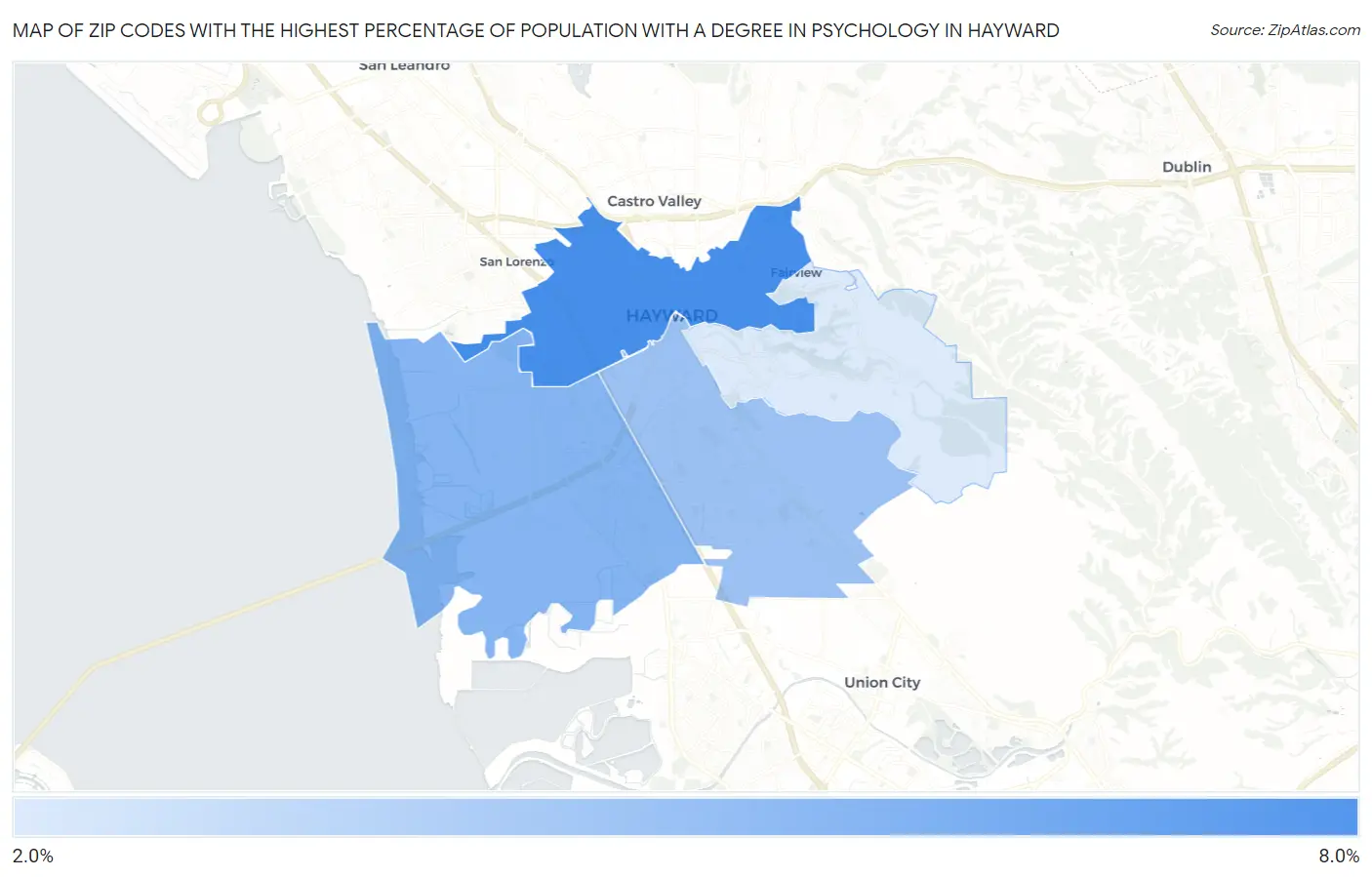 Zip Codes with the Highest Percentage of Population with a Degree in Psychology in Hayward Map