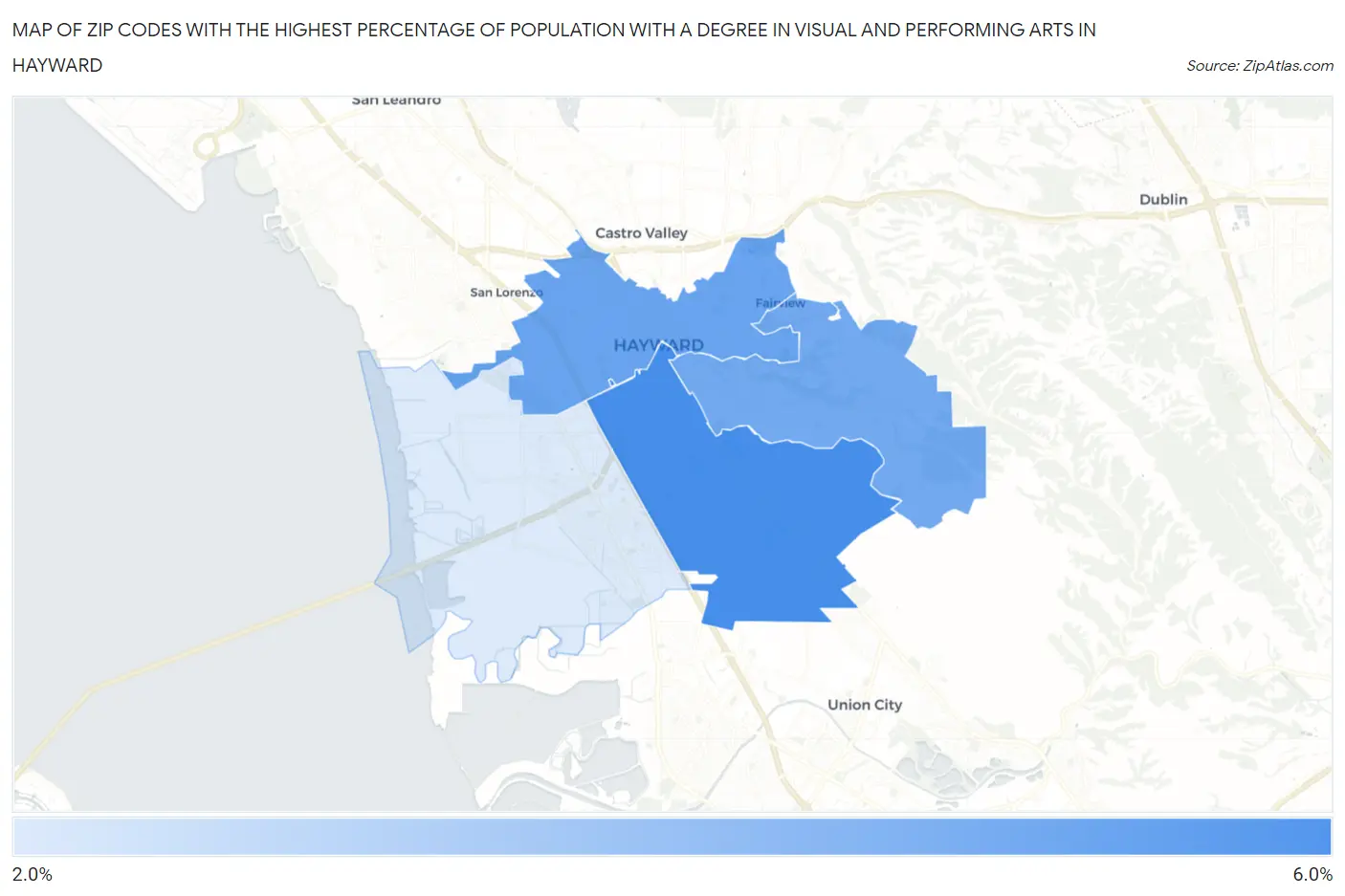 Zip Codes with the Highest Percentage of Population with a Degree in Visual and Performing Arts in Hayward Map