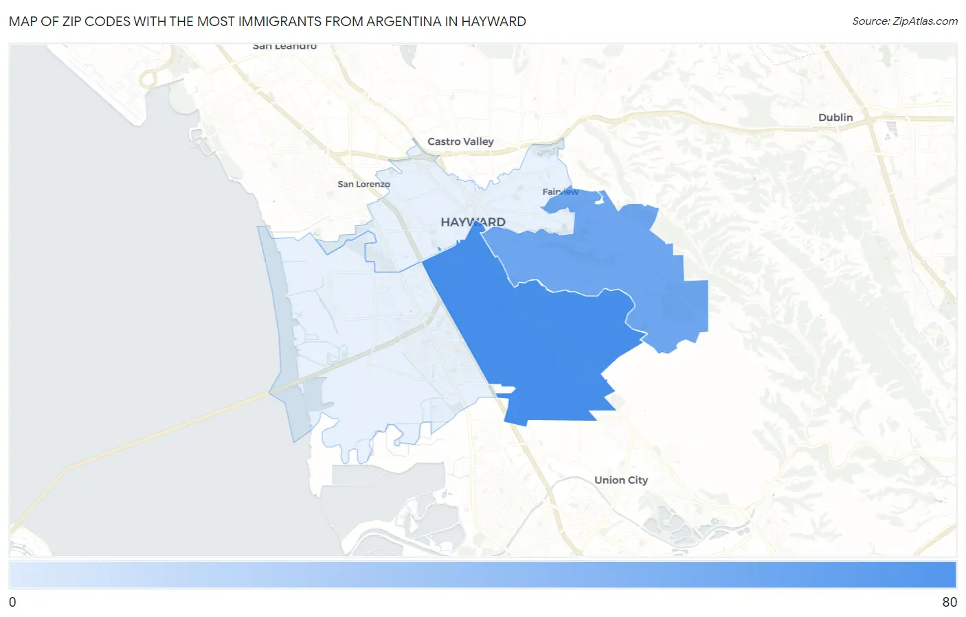 Zip Codes with the Most Immigrants from Argentina in Hayward Map