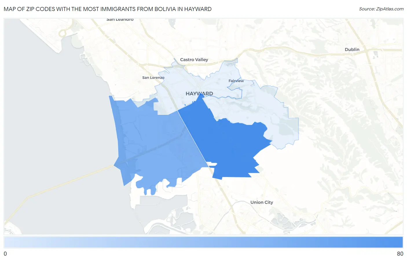 Zip Codes with the Most Immigrants from Bolivia in Hayward Map