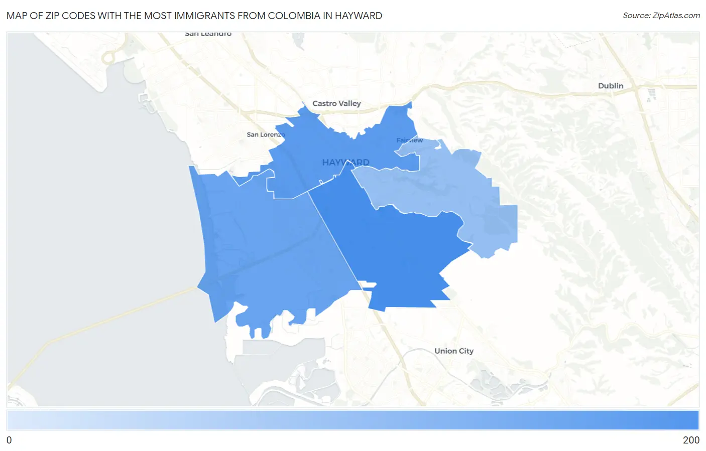 Zip Codes with the Most Immigrants from Colombia in Hayward Map