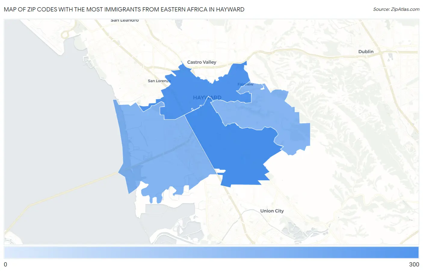 Zip Codes with the Most Immigrants from Eastern Africa in Hayward Map