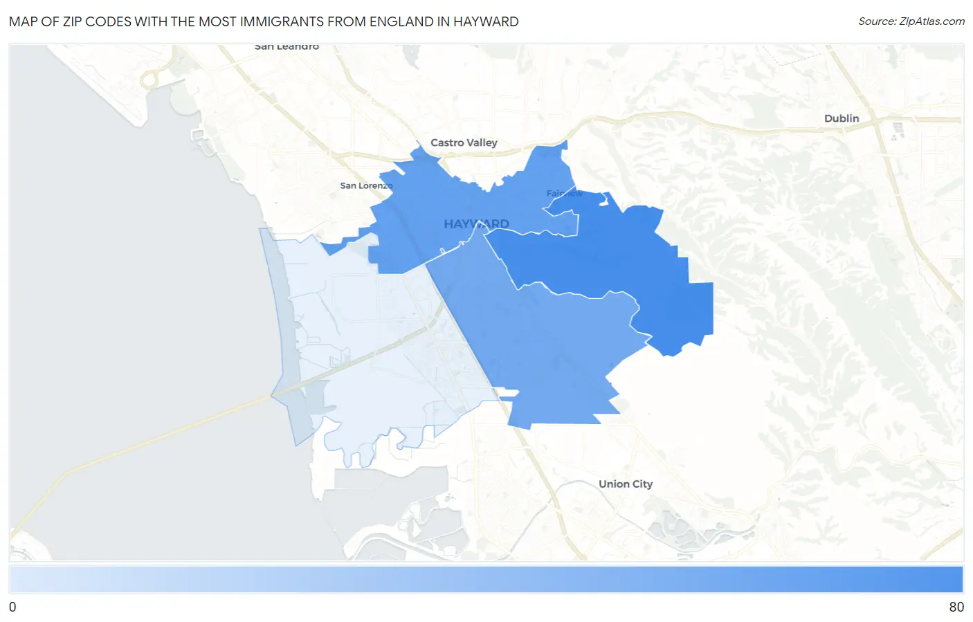 Zip Codes with the Most Immigrants from England in Hayward Map