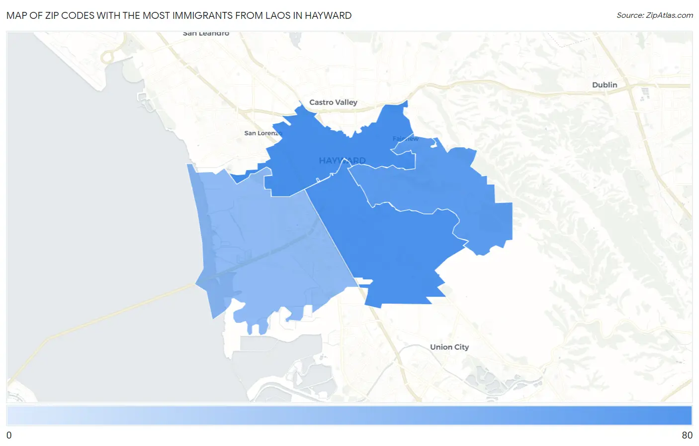 Zip Codes with the Most Immigrants from Laos in Hayward Map