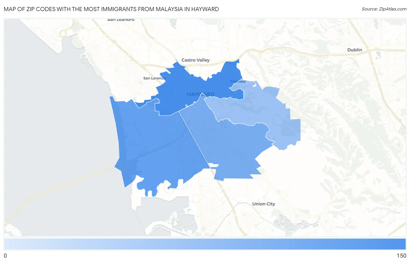 Zip Codes with the Most Immigrants from Malaysia in Hayward Map