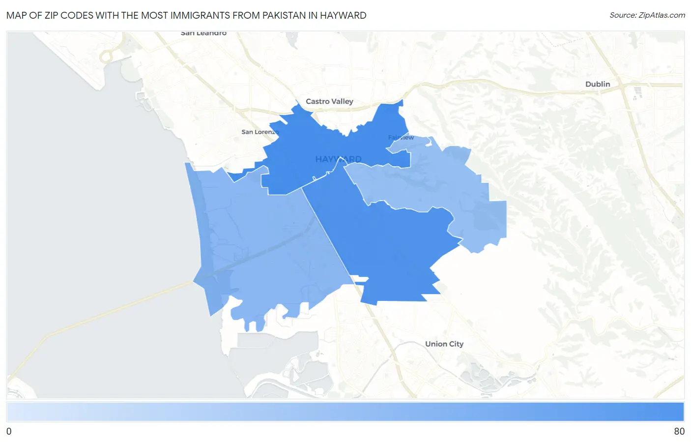 Zip Codes with the Most Immigrants from Pakistan in Hayward Map