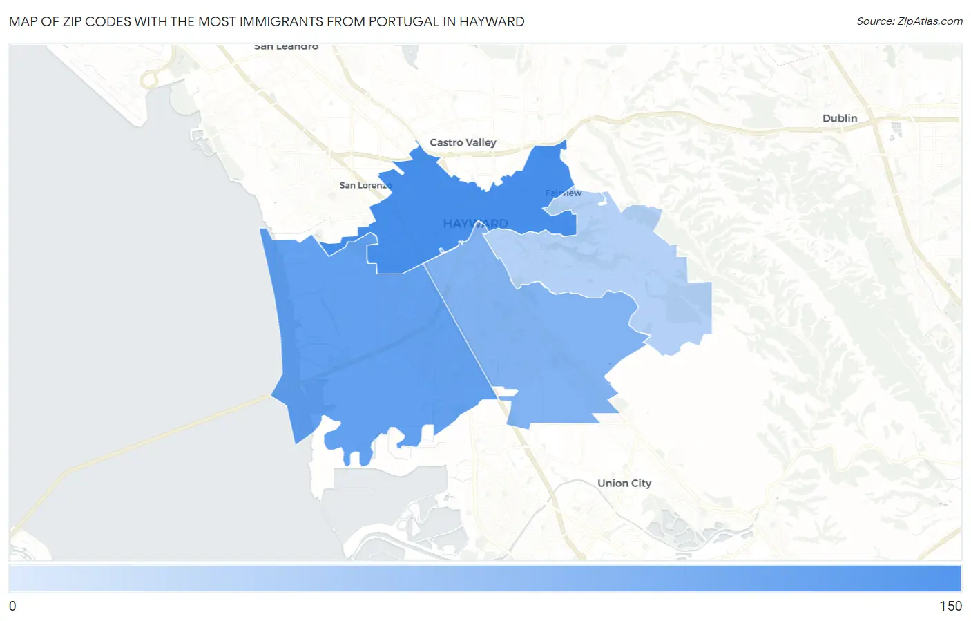 Zip Codes with the Most Immigrants from Portugal in Hayward Map