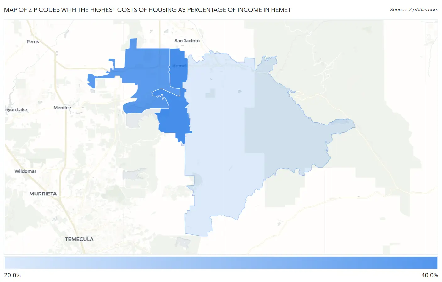 Zip Codes with the Highest Costs of Housing as Percentage of Income in Hemet Map