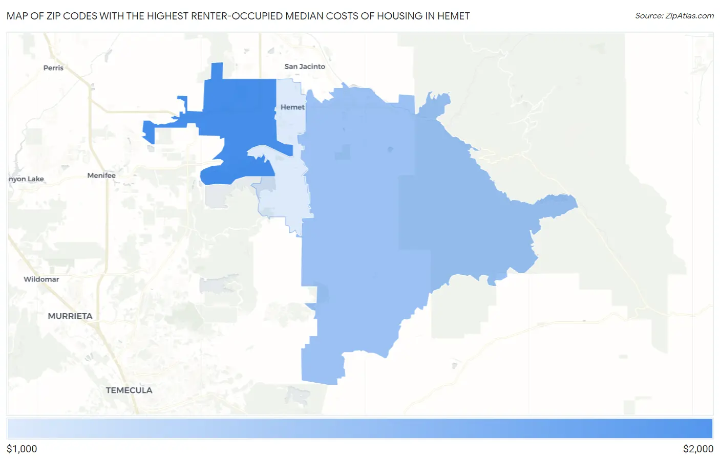 Zip Codes with the Highest Renter-Occupied Median Costs of Housing in Hemet Map