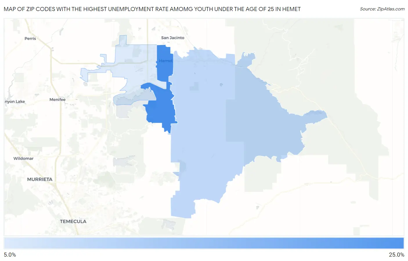 Zip Codes with the Highest Unemployment Rate Amomg Youth Under the Age of 25 in Hemet Map